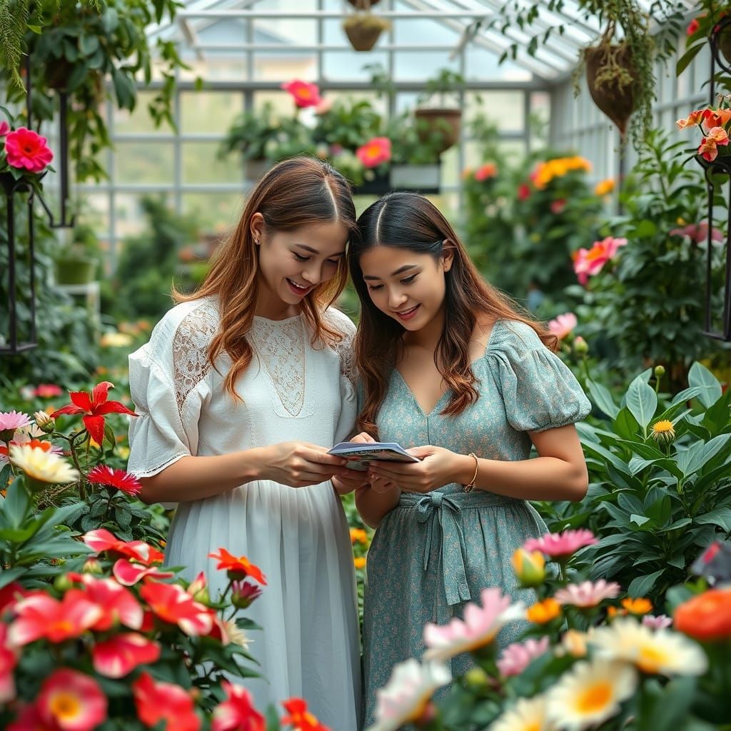 Alice and Luminara in a Lush Greenhouse, Soft Lighting