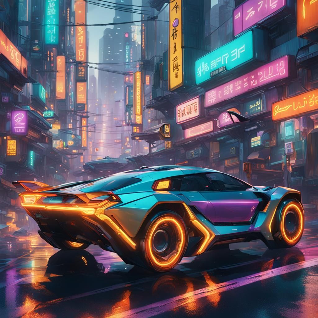 Cyberpunk Vehicle Speeds Through Seoul at Dusk
