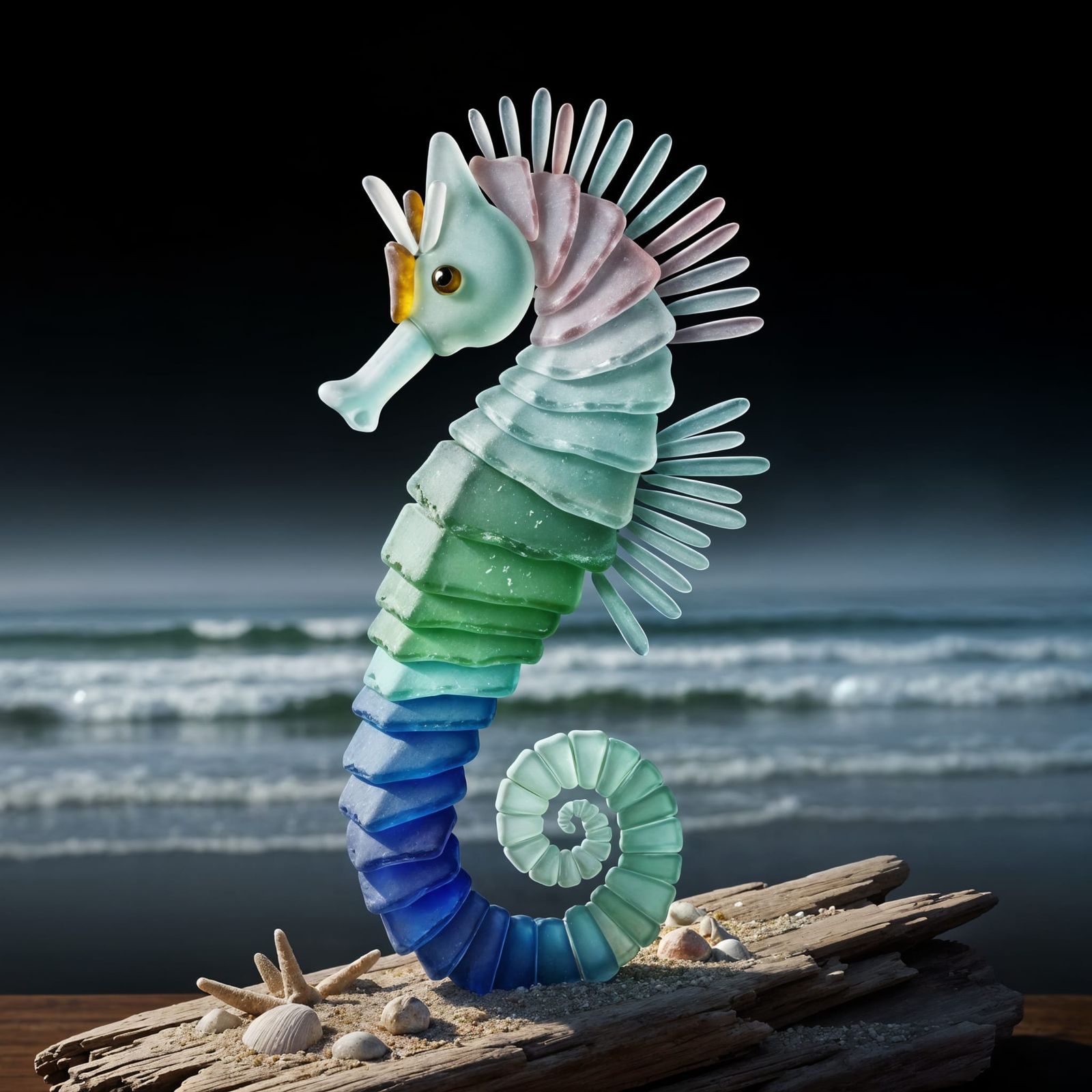 Hyperrealistic Seahorse Sculpture of Sea Glass