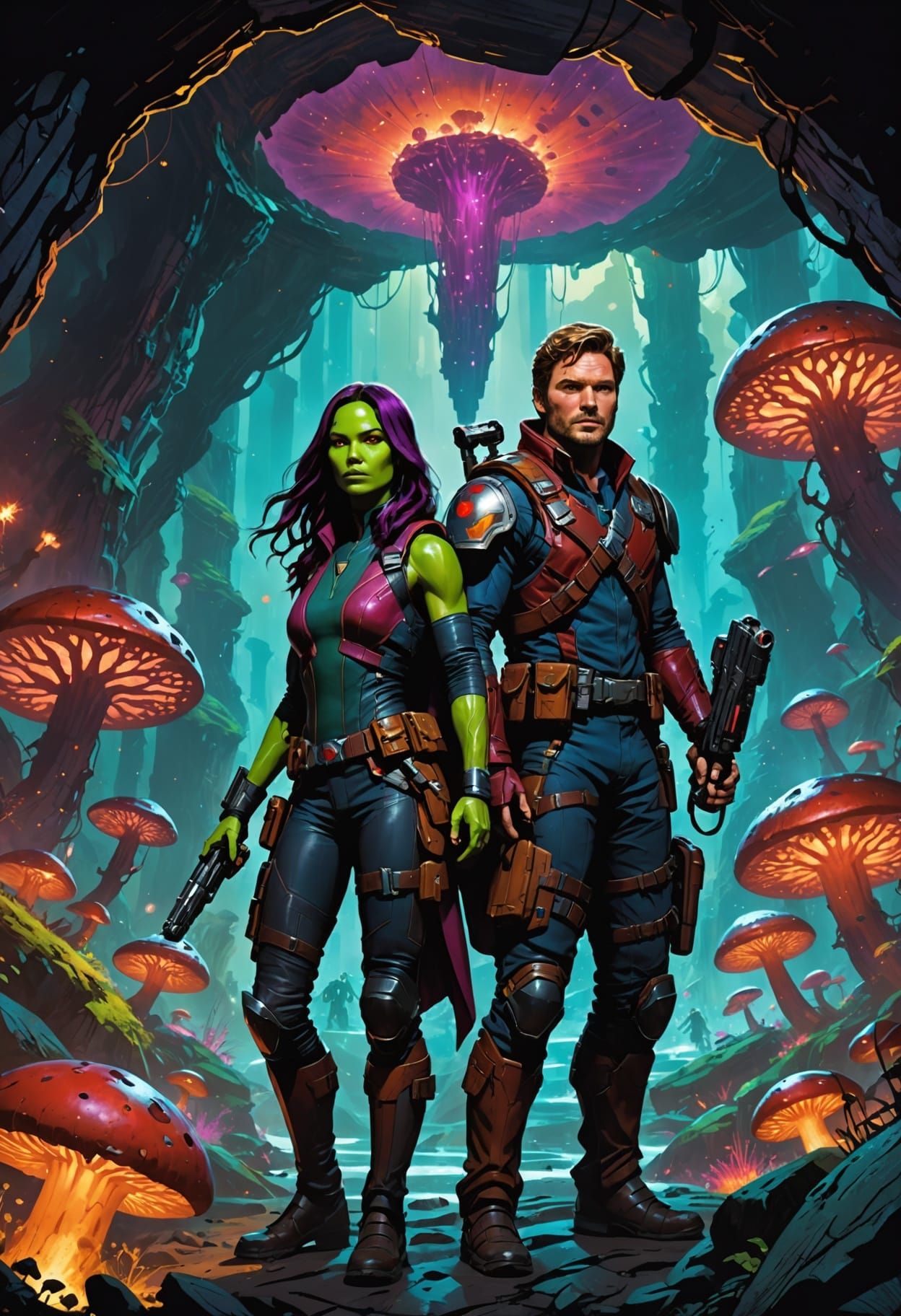 Cosmic Guardians Amidst Glowing Fungi in an Ancient Cave