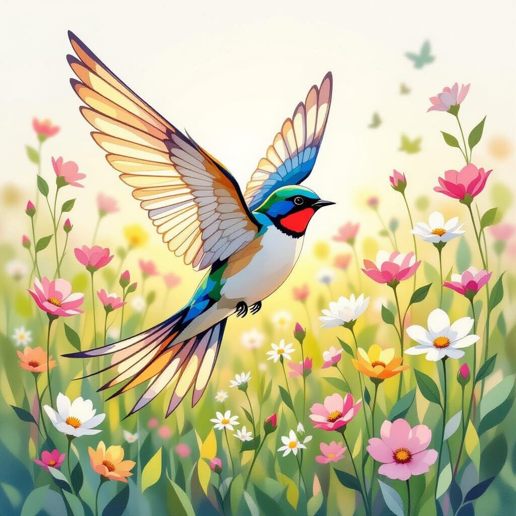 Stained Glass Swallow Soaring Over Flower Meadow
