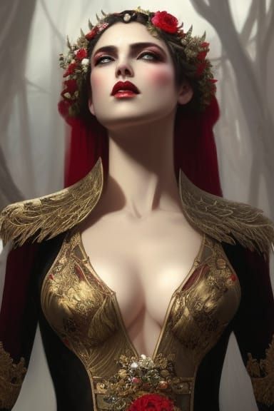 Fairy Queen in Red Lace Gown, Fantasy Digital Art