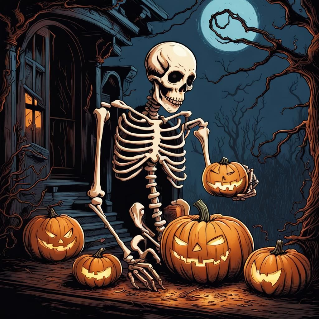 Skeleton Carving Pumpkin in Burton-esque Comic Style