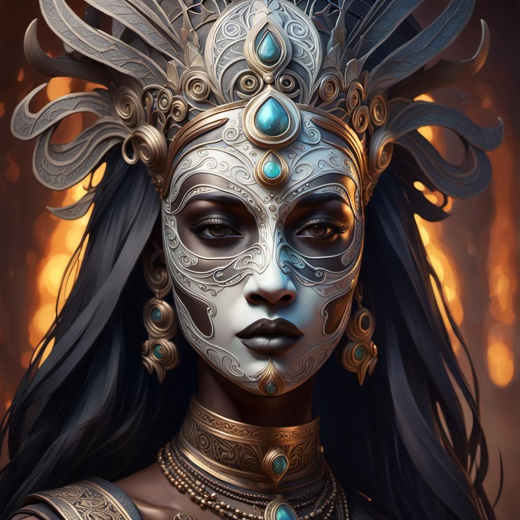 Dark Goddess in Dramatic Lighting, Detailed Ivory Mask