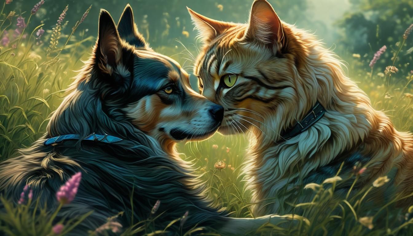 Scottish Dog and English Cat Embrace: Comic Book Art