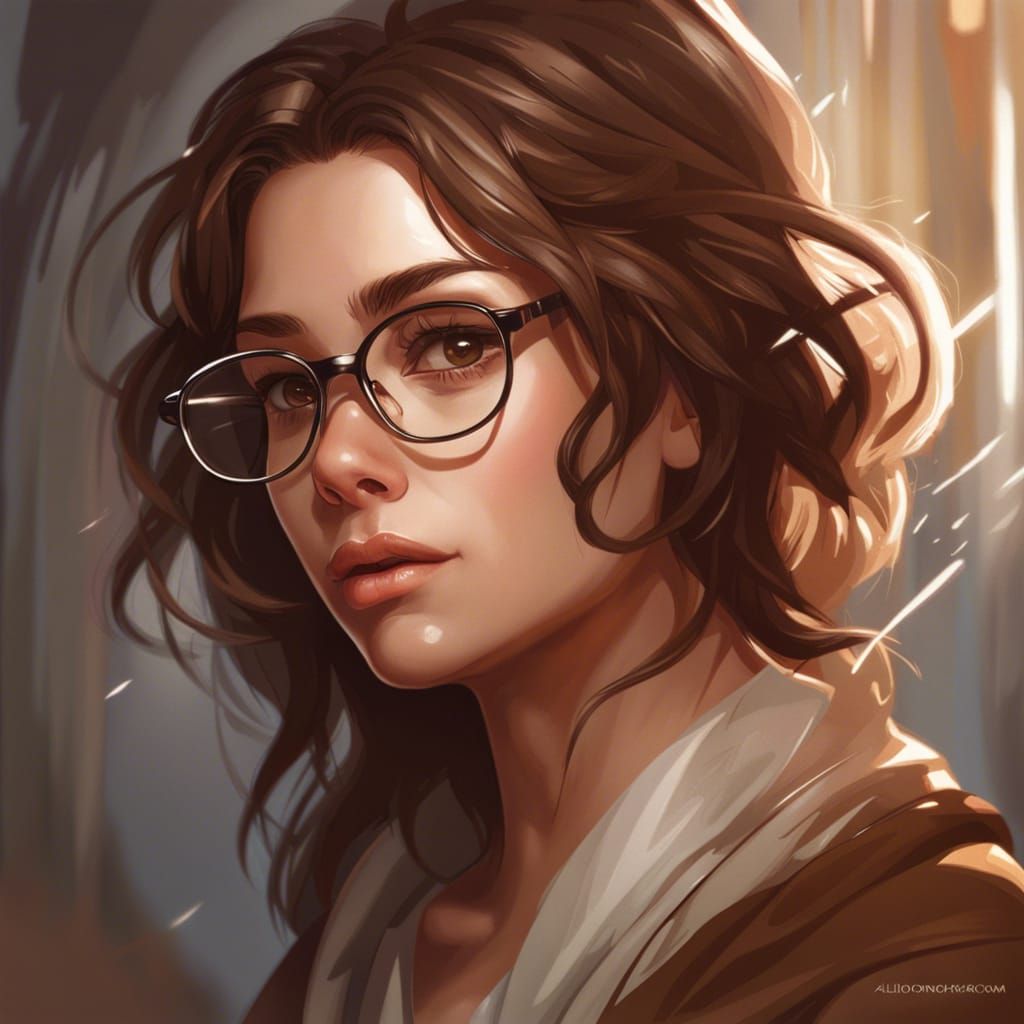 Detailed Portrait of Girl with Glasses in Art Nouveau Style
