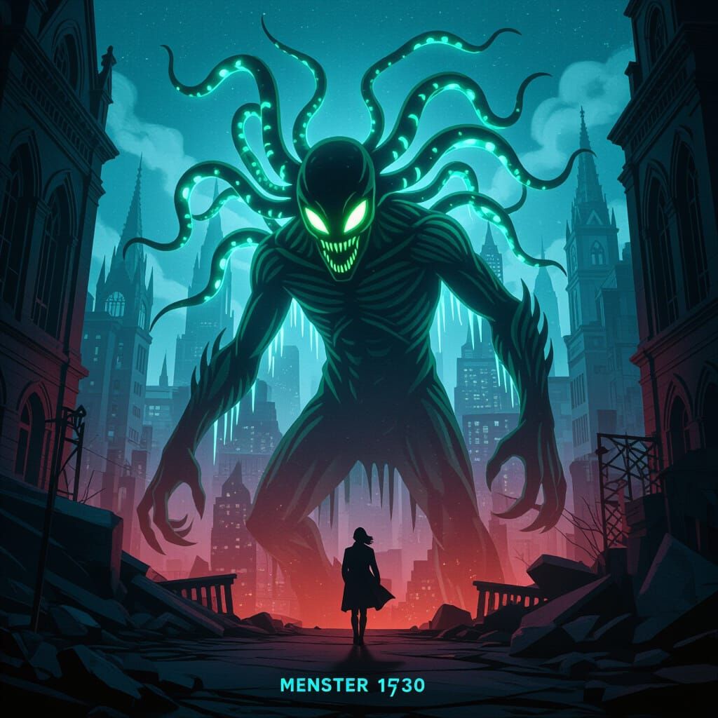 Anime Monster Movie Poster in Dark Fantasy Style