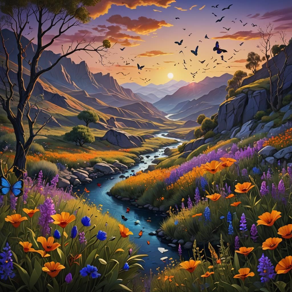 Lush Mountain Riverbank with Birds in Surreal Style