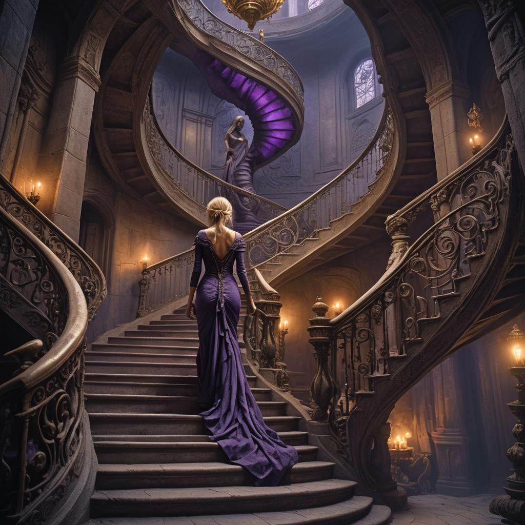 Gothic Horror: Woman Descending Spiral Staircase
