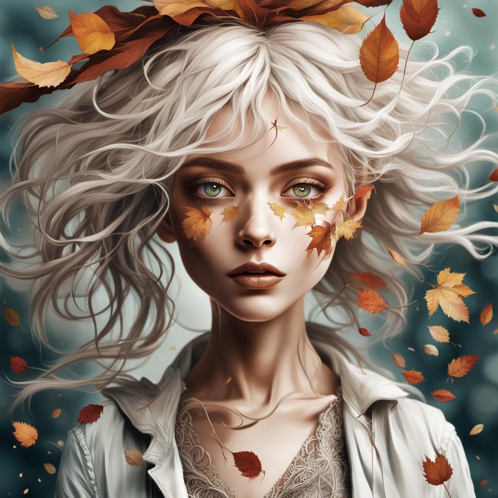 Girl with Autumn Leaf Hair in Cartoon Style
