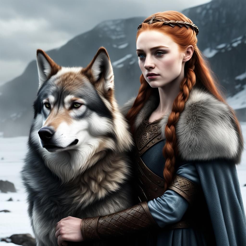 Sansa Stark: Viking Princess with Wolf in Matte Painting