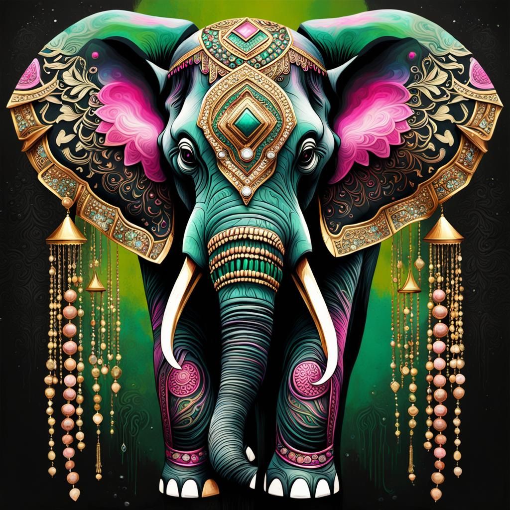 Jeweled Elephant in Abstract Graffiti Art Style