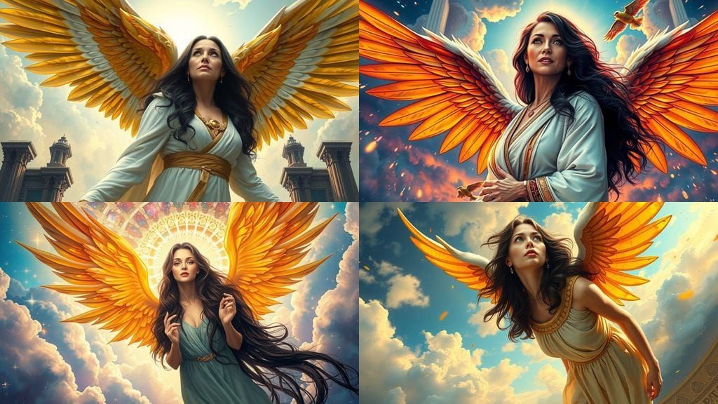 Golden Angel Swoops Towards Heavenly Gates