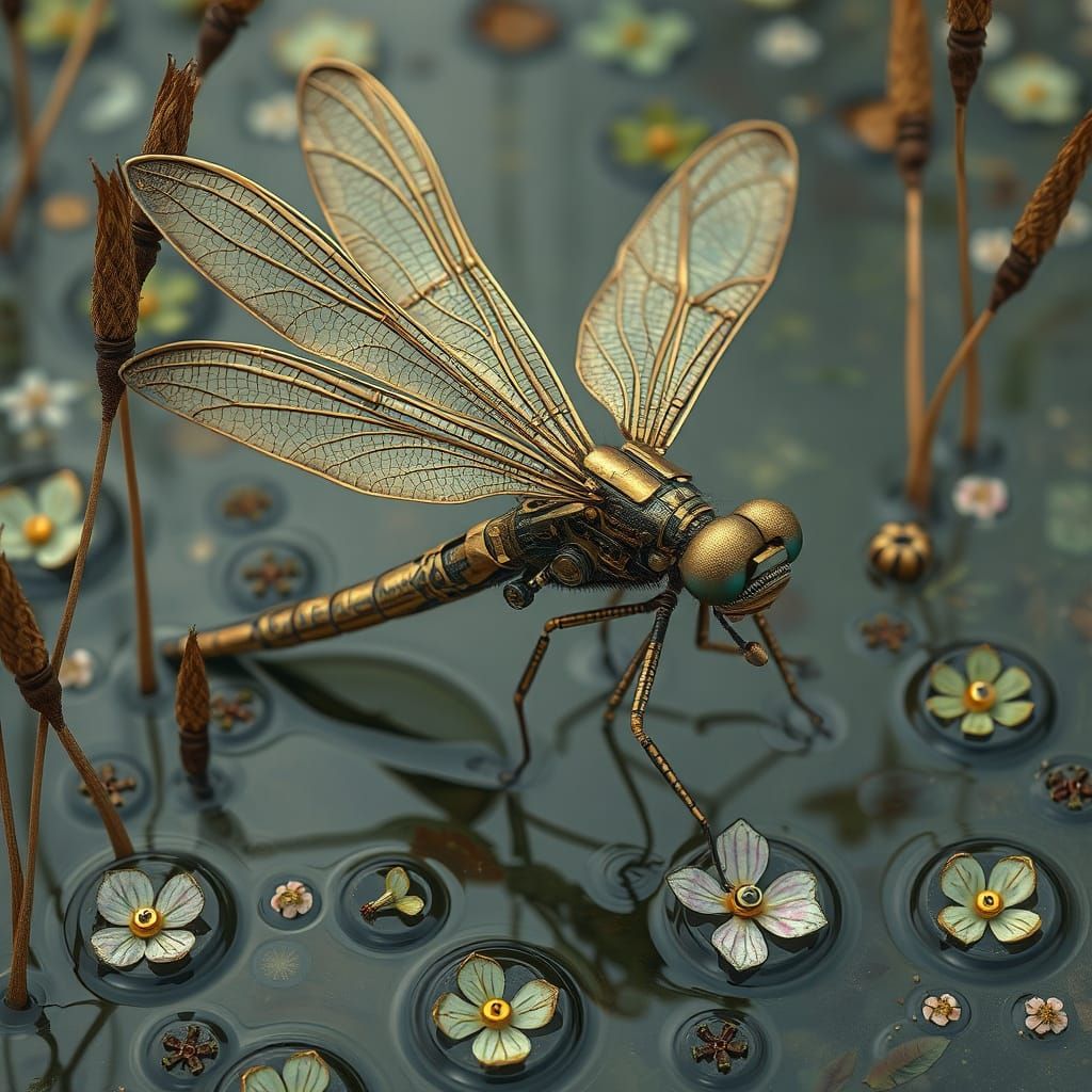 Steampunk Cyborg Dragonfly Amongst Flowers