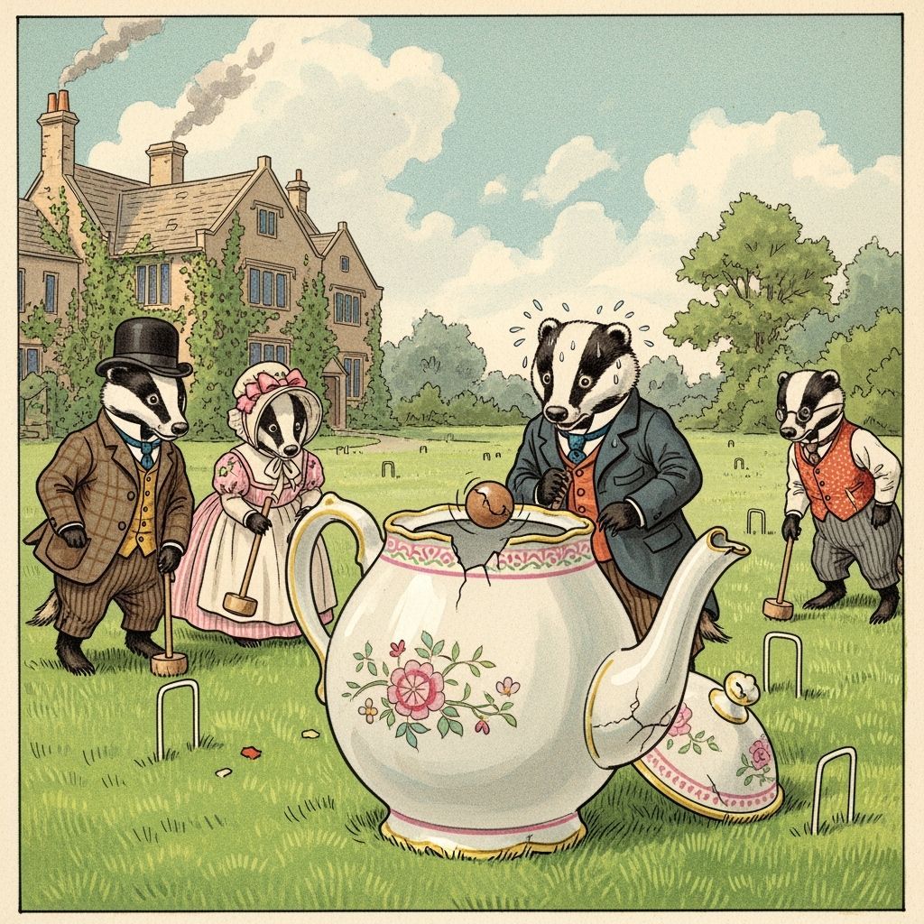 Victorian Badgers Play Croquet in Vintage Children's Book St...