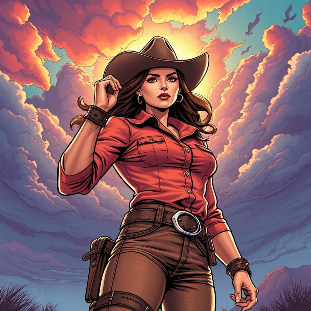 Daring Western Heroine in Vibrant Comic Book Style