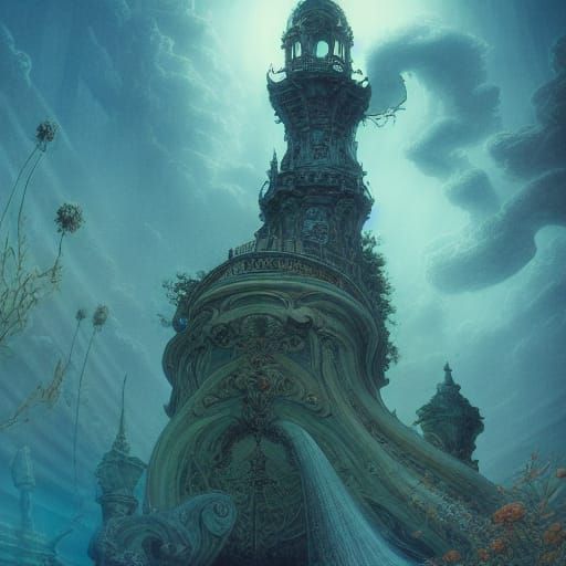 Sunken Tower with Glowing Lines in Rococo Style