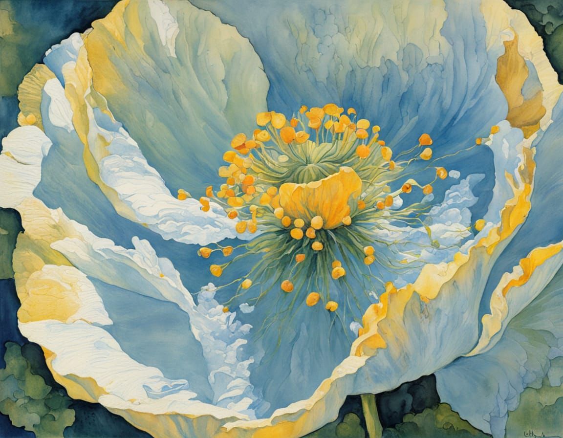 Blue and Yellow Poppy in Abstract Art Style