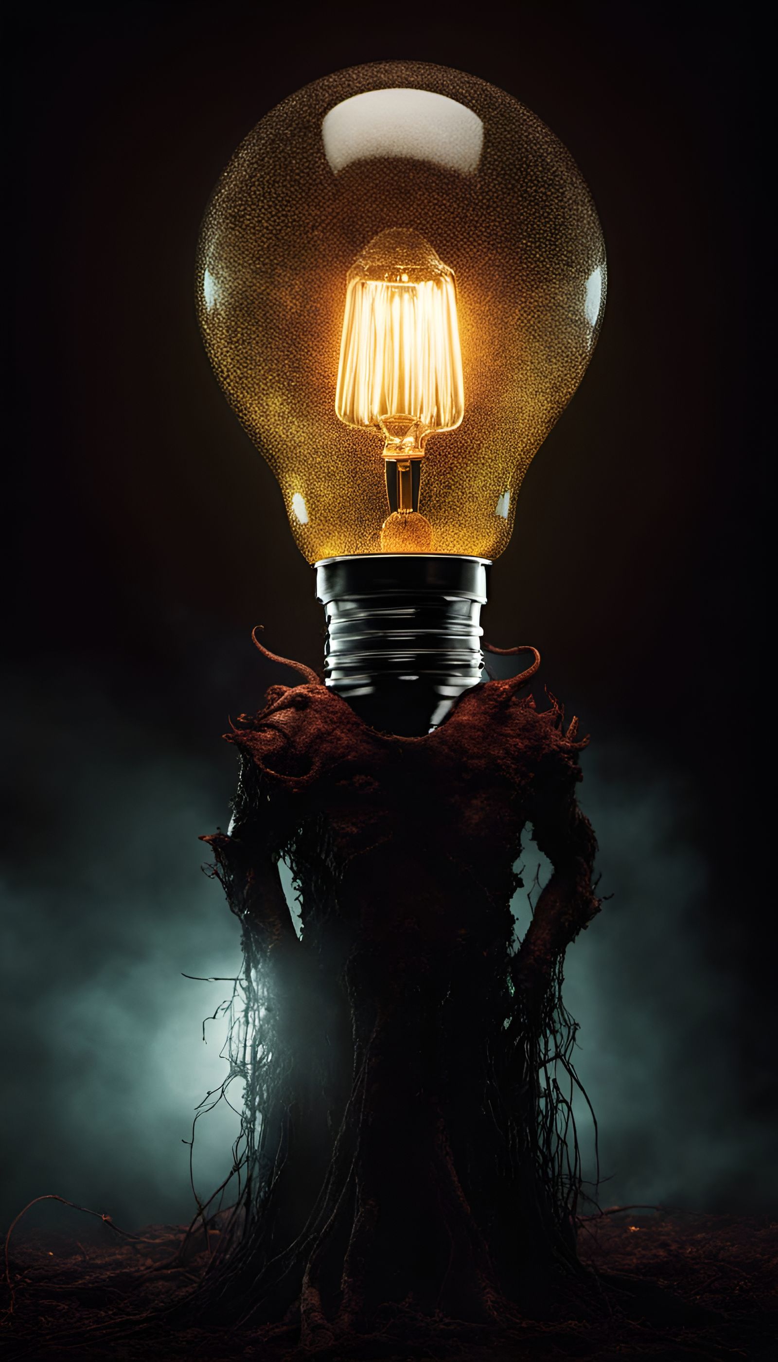Iridescent Lightbulb Monster in Dark Surreal Art
