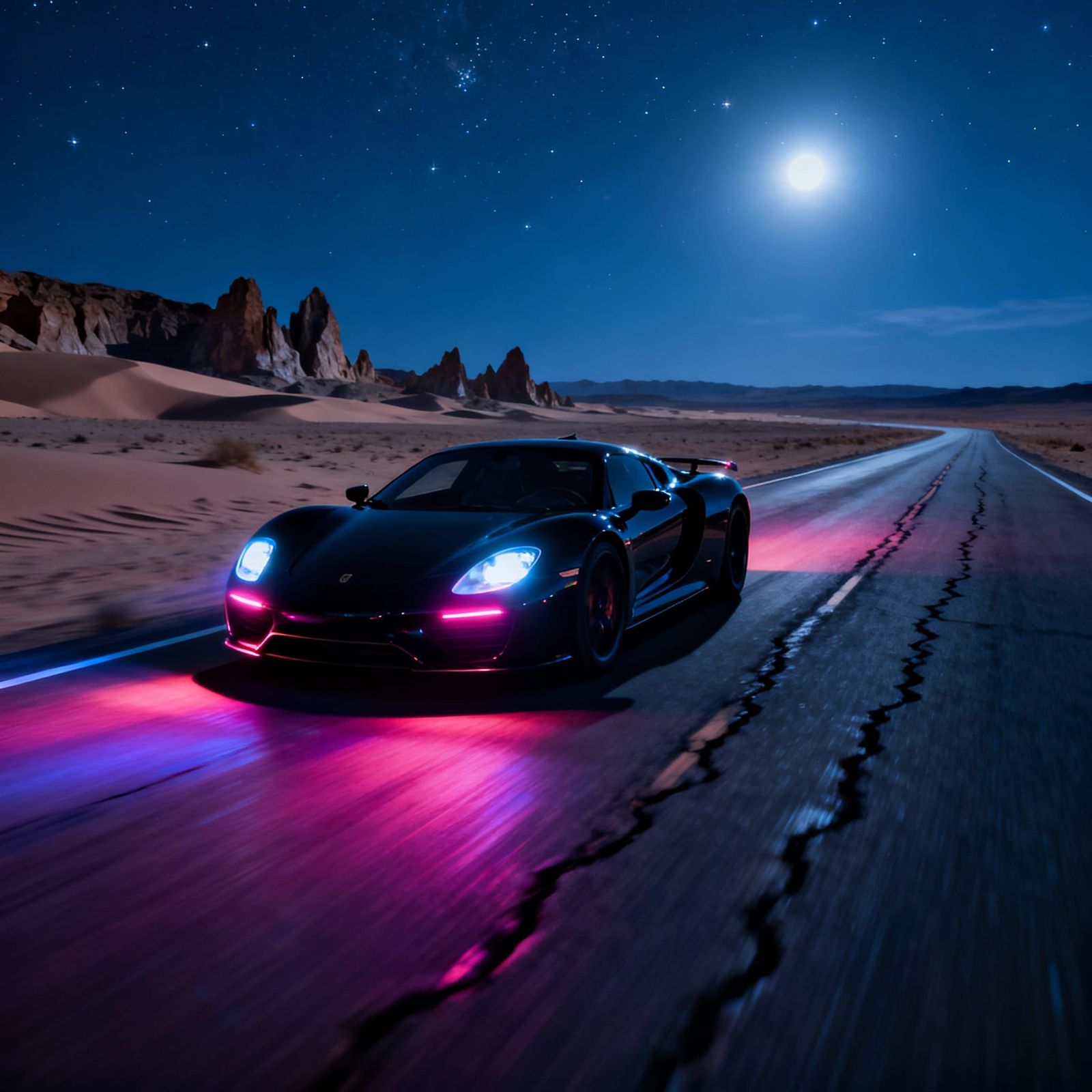 Sleek Black Sports Car on Desert Highway at Night