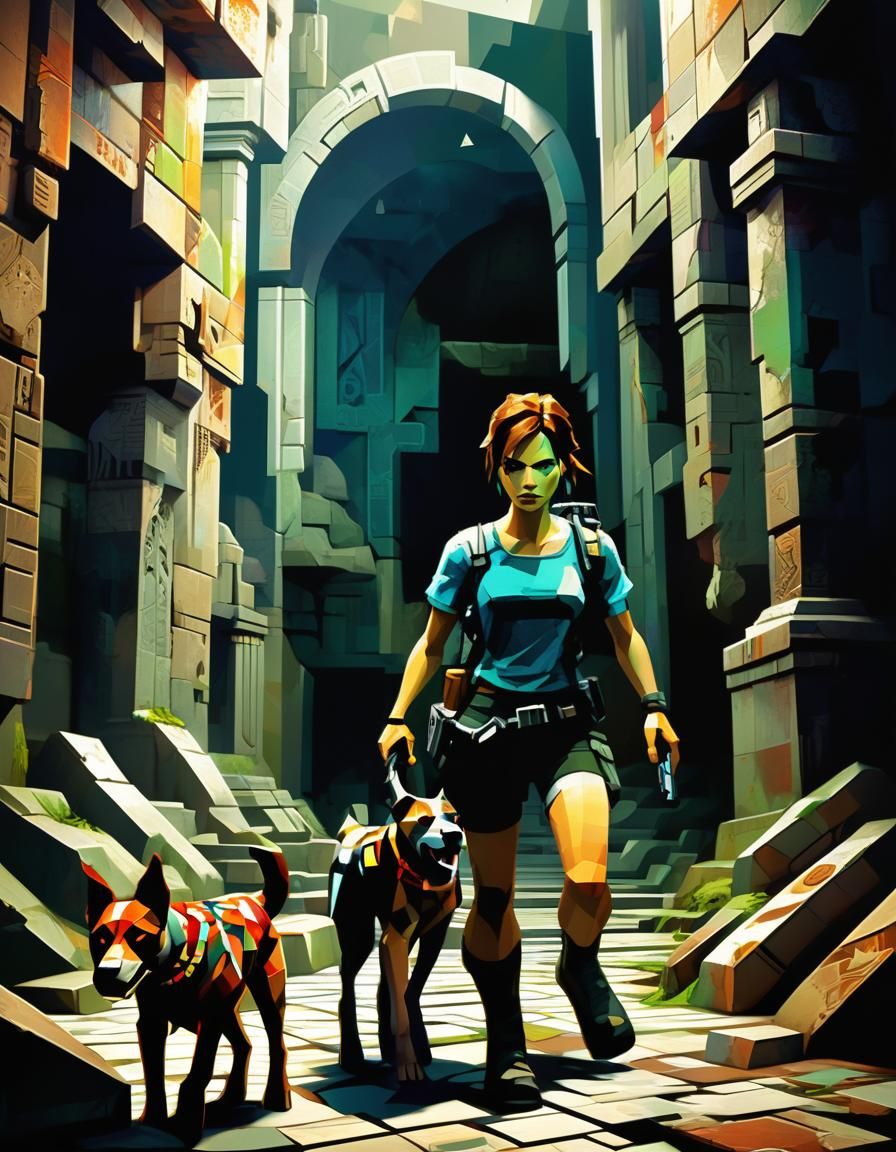 Lara Croft and Zombie Dog in Cubist Ruins