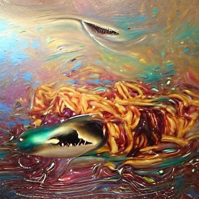 Shark Swims Through Spaghetti: Iridescent Oil Painting