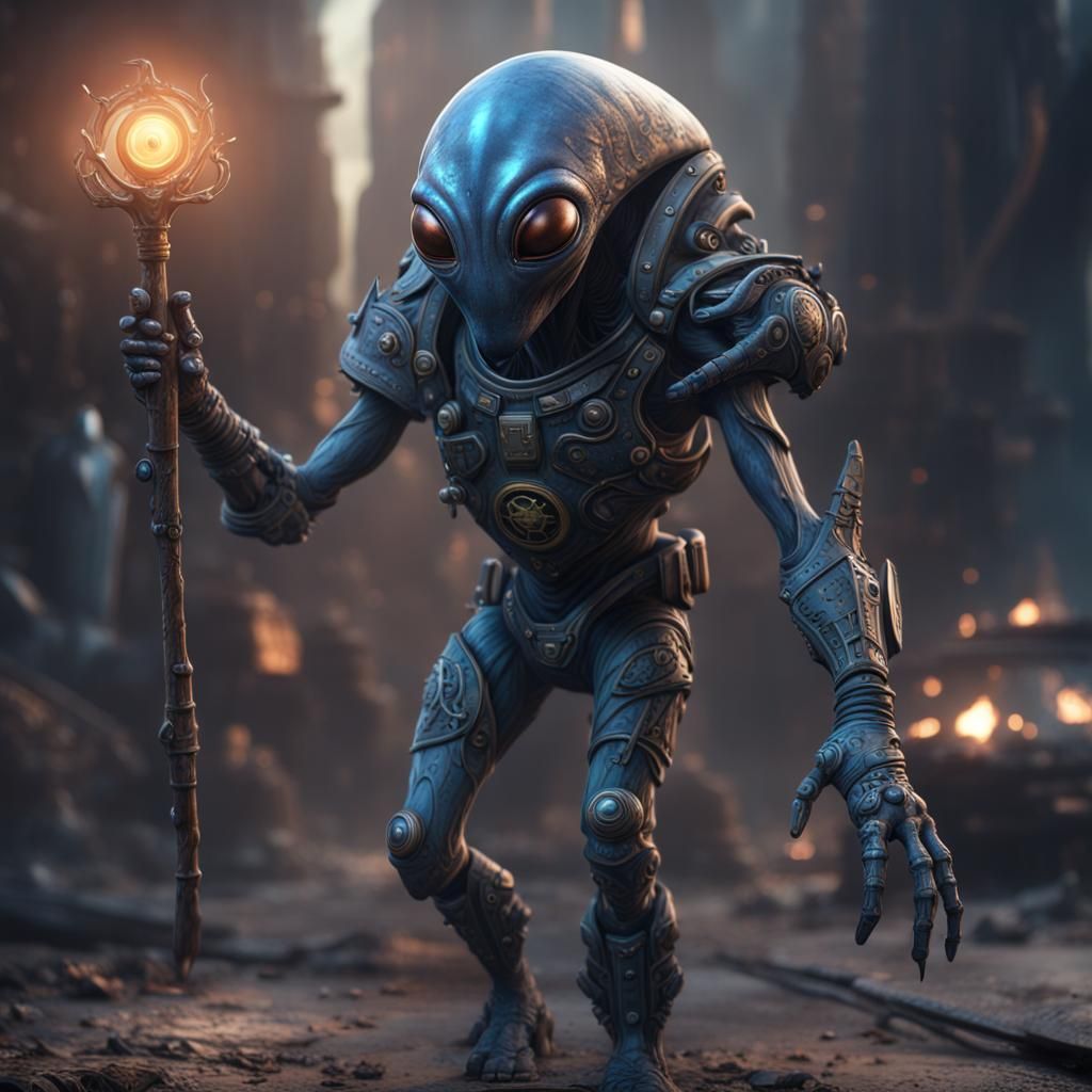 Alien Police Officer with Stick, Detailed Matte Painting