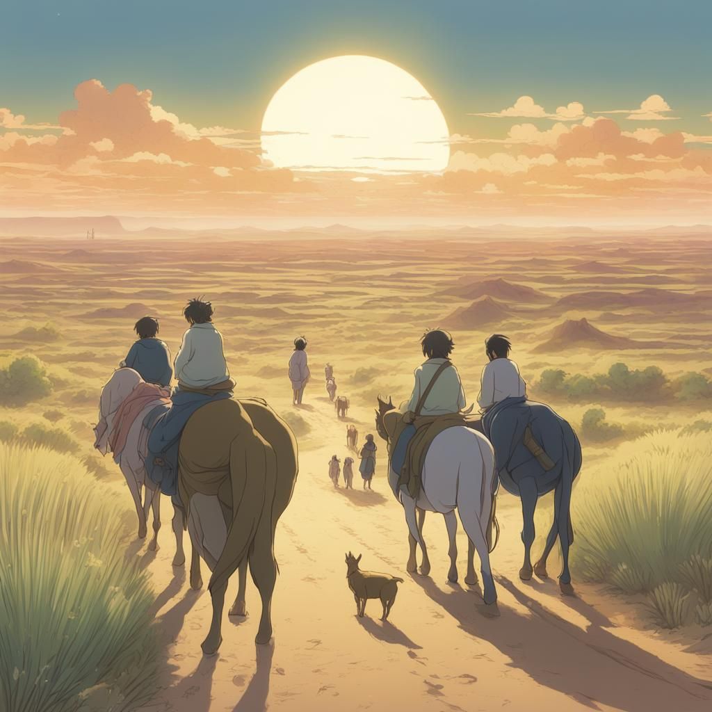 Family Desert Migration in Anime Style