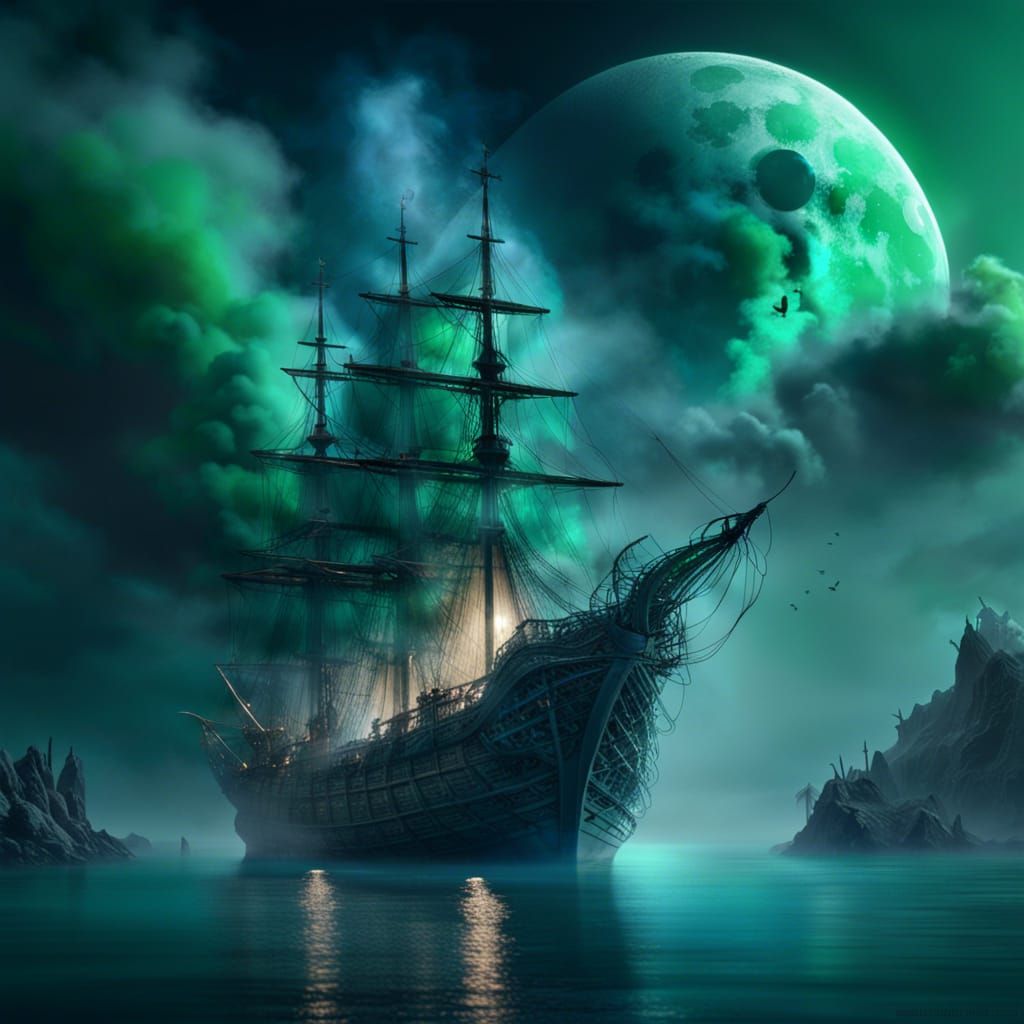 Ghostly Galleon on Smoky Water: Fantasy Art