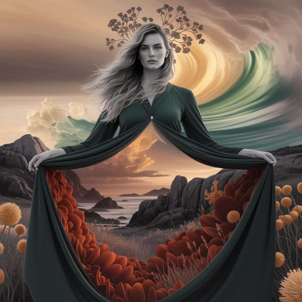Vibrant Smögen Coast with Hippie Model, Visionary Art Style