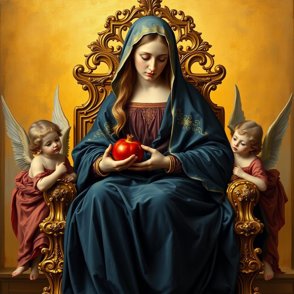 Majestic Renaissance Madonna in Golden Throne with Pomegrana...