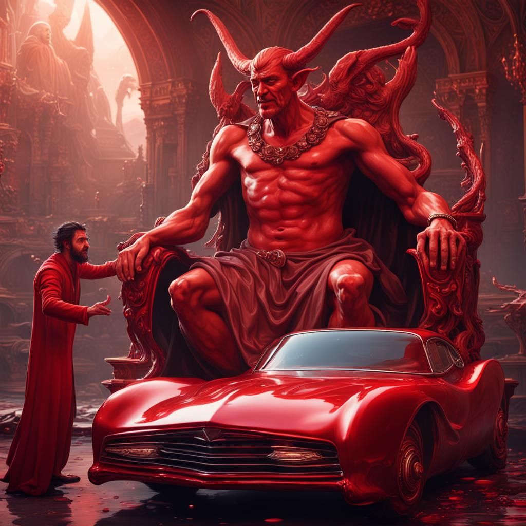 Vulcan God Polishing Car for Smiling Satan