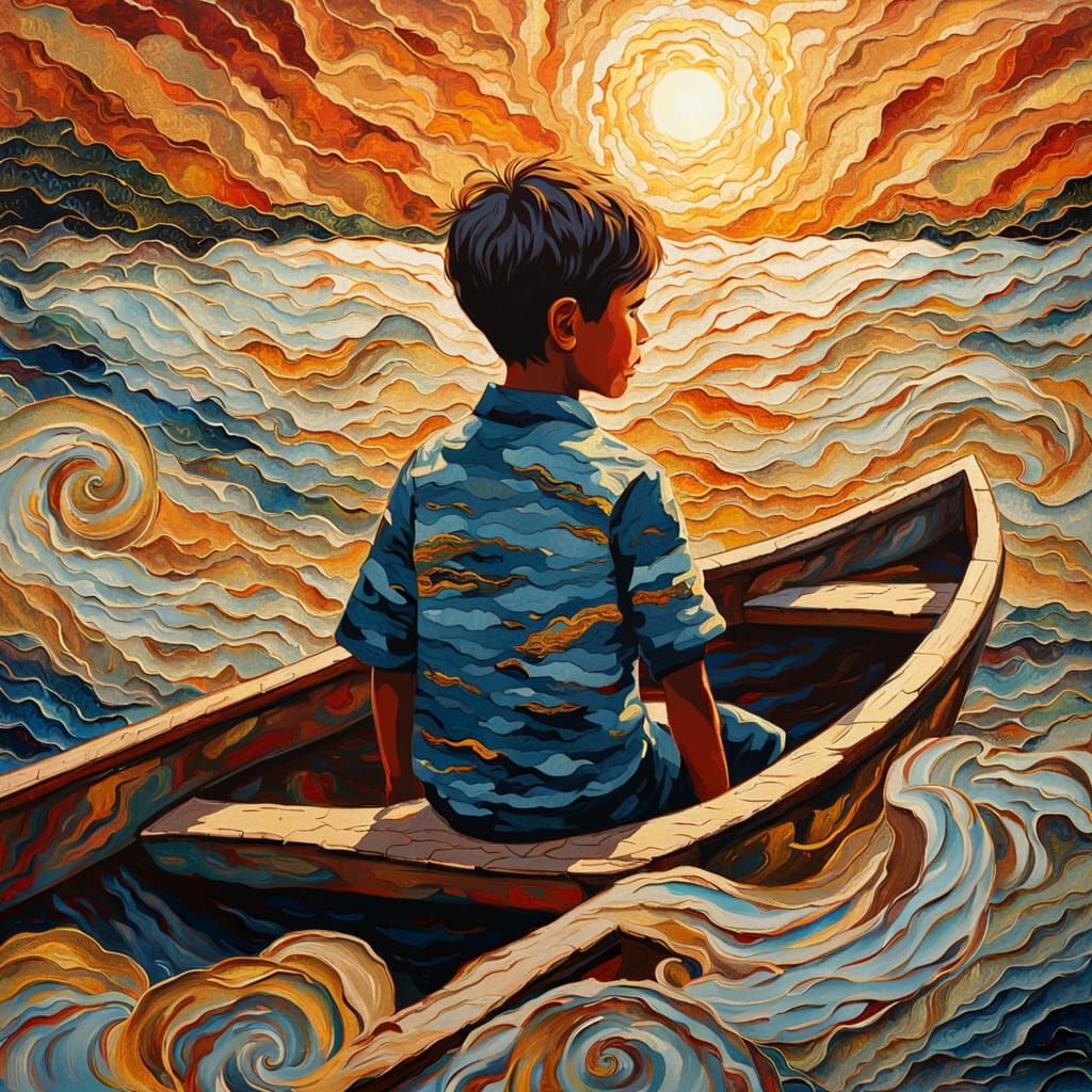 Boy Sails on Rough Waters in Abstract Surrealism