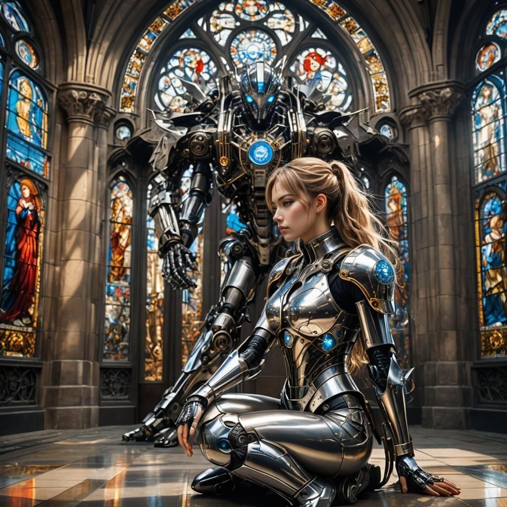 Cyborg Praying in Gothic Cathedral: Dieselpunk Art