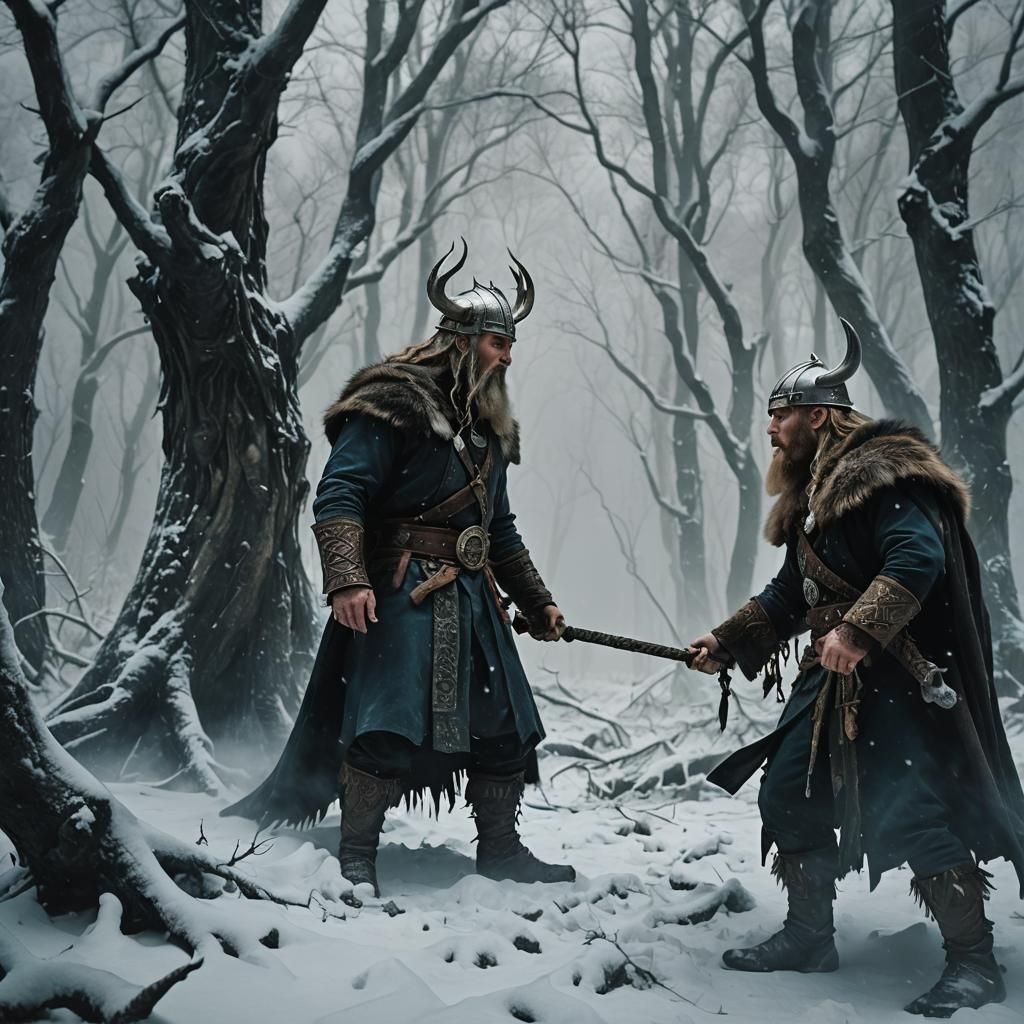 Viking Wizard Confronts Warlock in Snowy Forest
