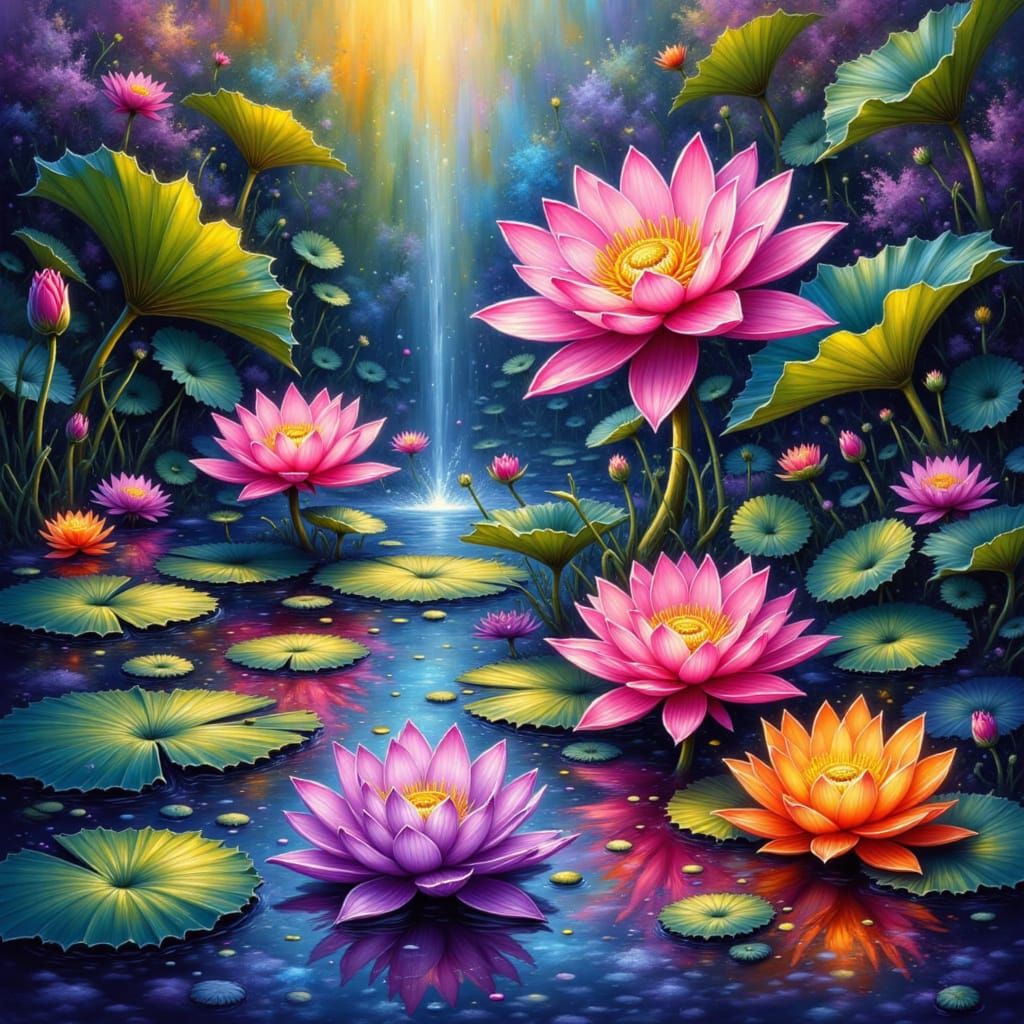 Neon Lotus Pond in Splash Paint Waterfall