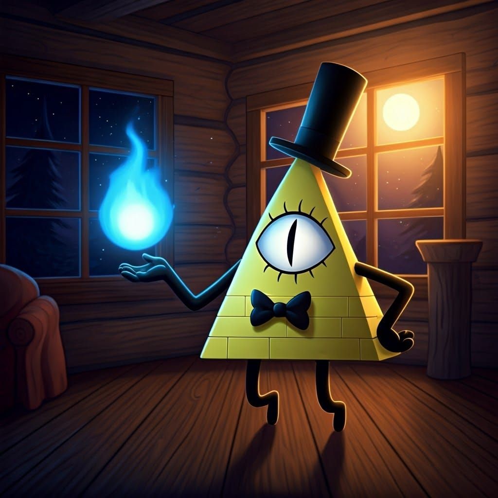 Charming Chibi Bill Cipher in Anime Key Visual Style