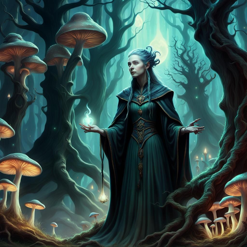 Mystical Sorceress in Dreamlike Iridescent Forest