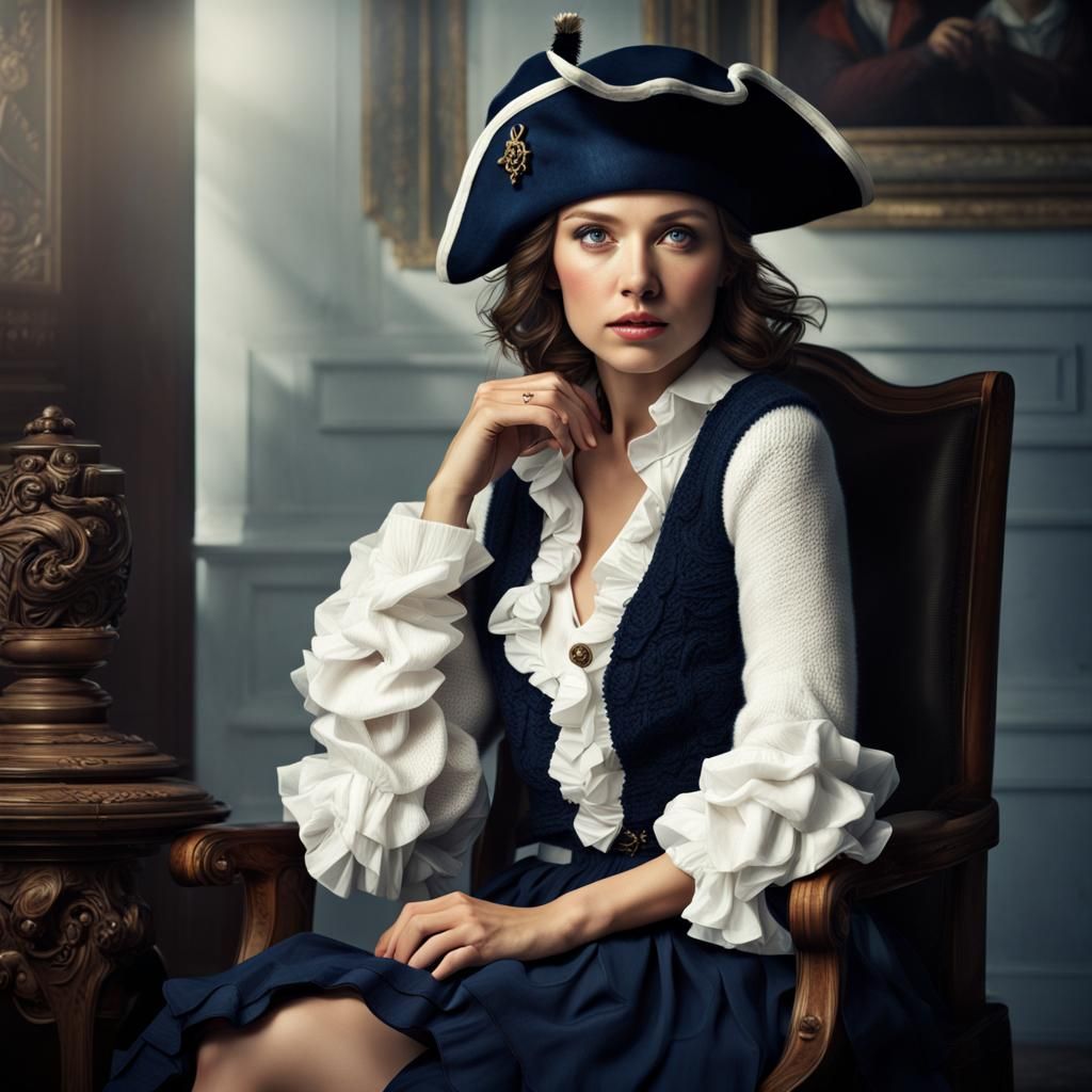 Woman in Blue with Pirate: Hyperrealistic Image