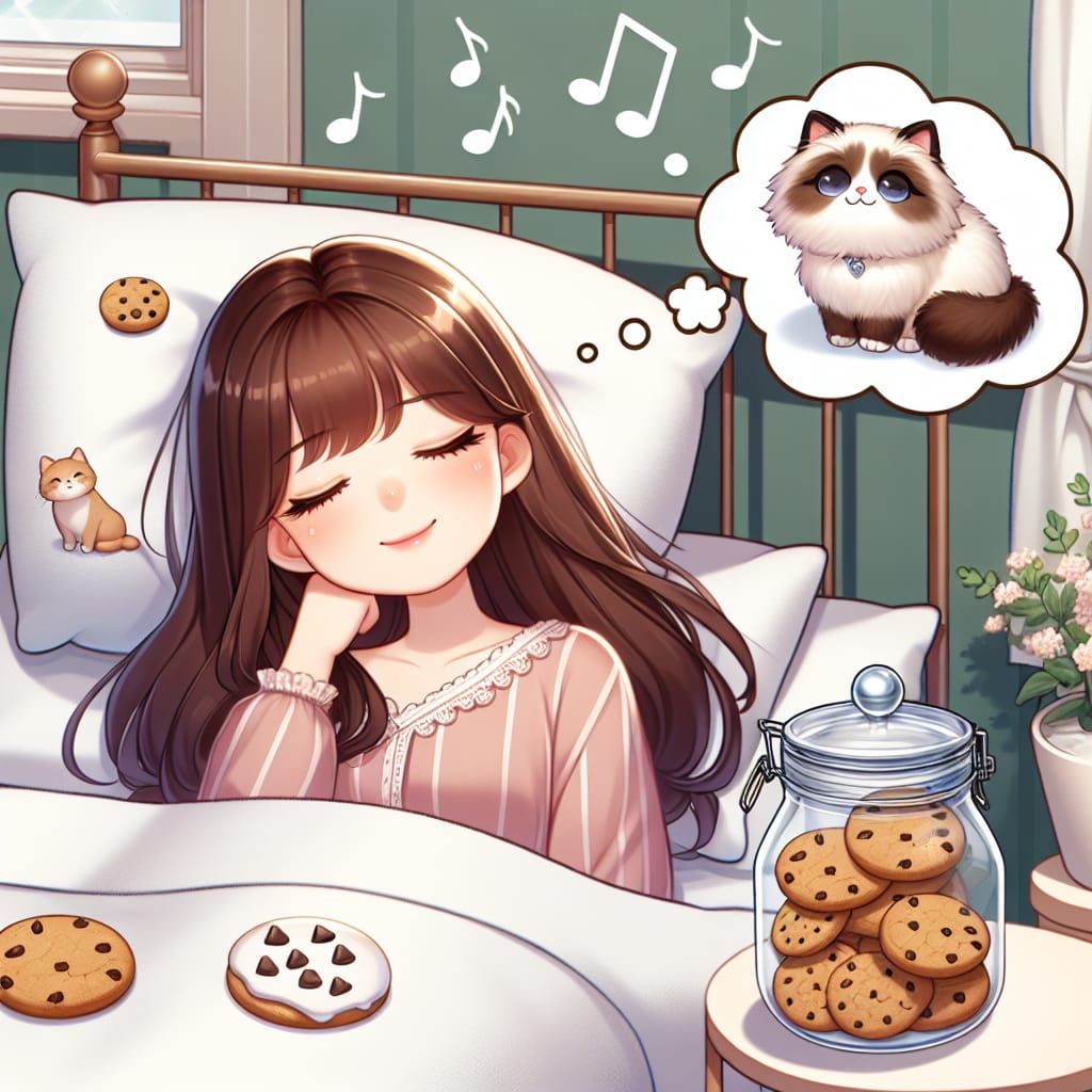 Girl's Sweet Dream with Cats and Cookies