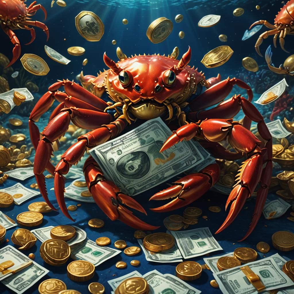 Underwater Crab Holding Money and Lion