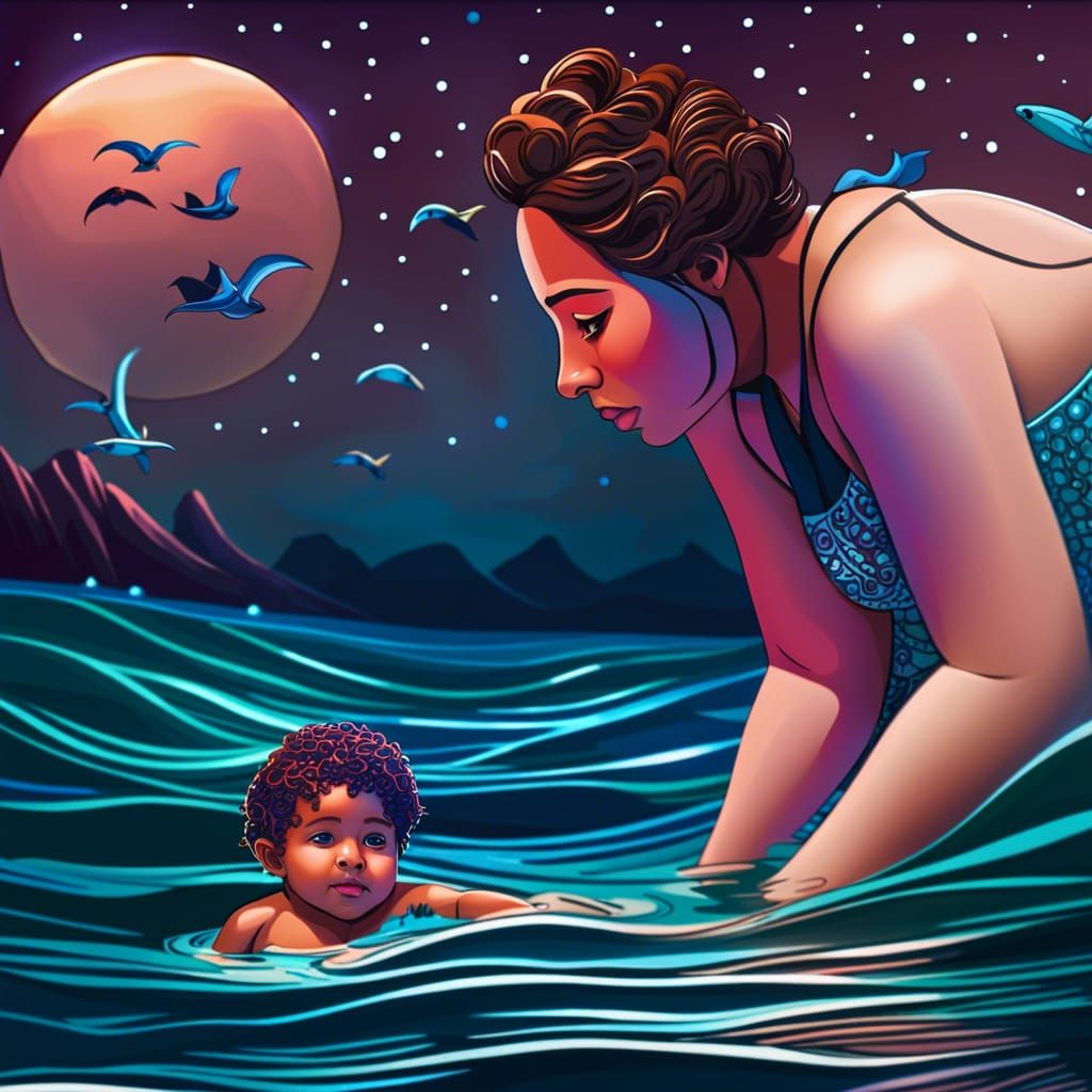 Midnight Ocean Swim: Hyperrealistic Mother and Son