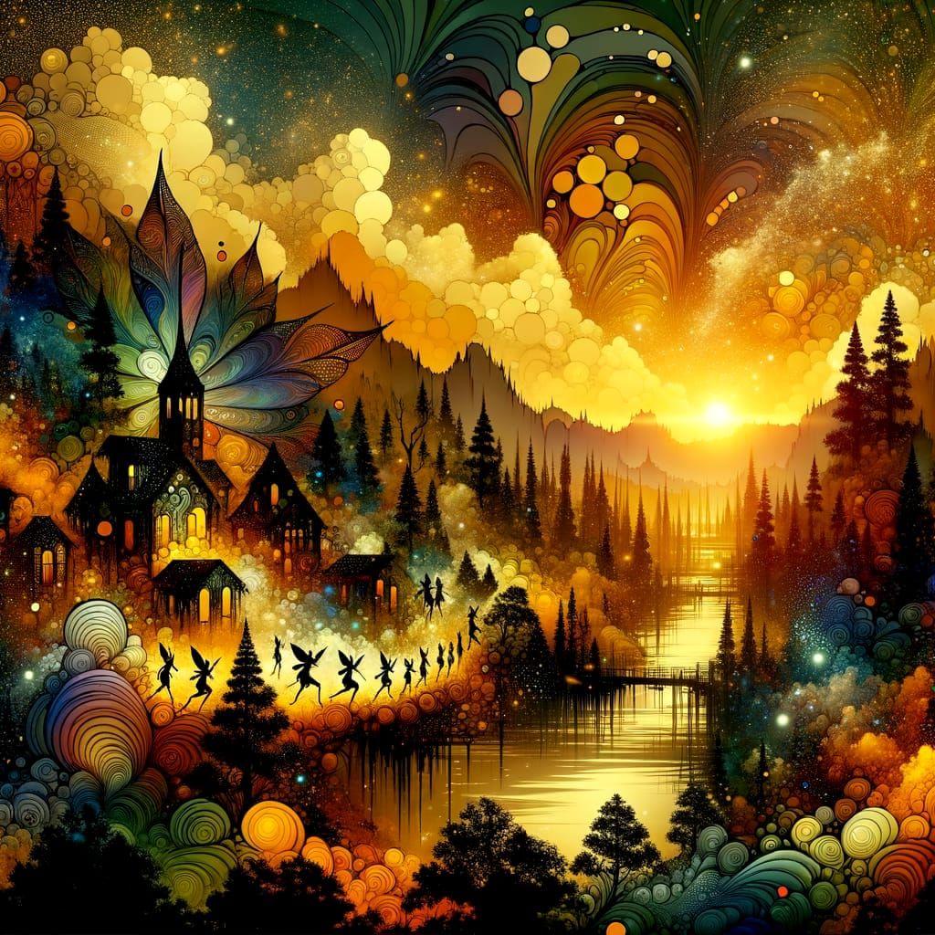 Fae Village in Forest with Colorful Sunset Sky