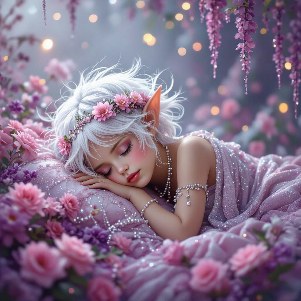 Adorable Pixie Sleeping on Flowers in Dreamlike Fantasy Art