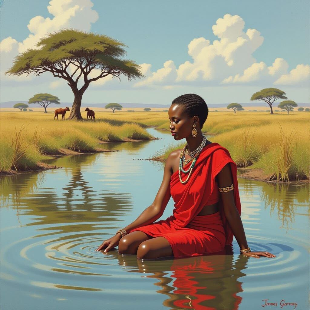 Masai Woman Bathing in African River
