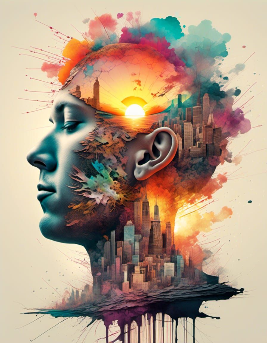 God Portrait with Sunset Head in Double Exposure