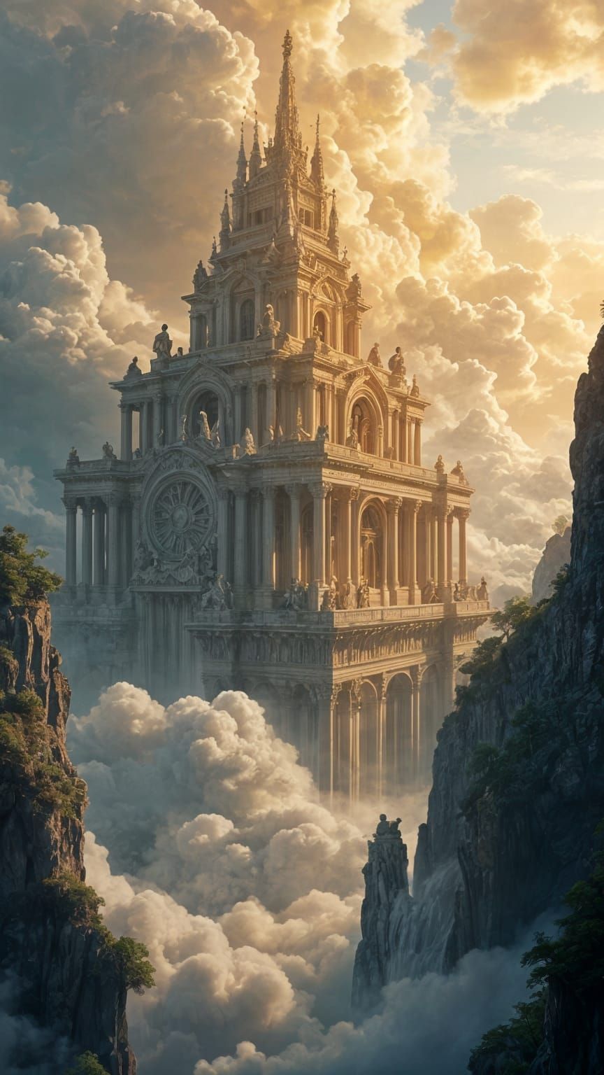 Majestic Vertical Cityscape Rising from Clouds