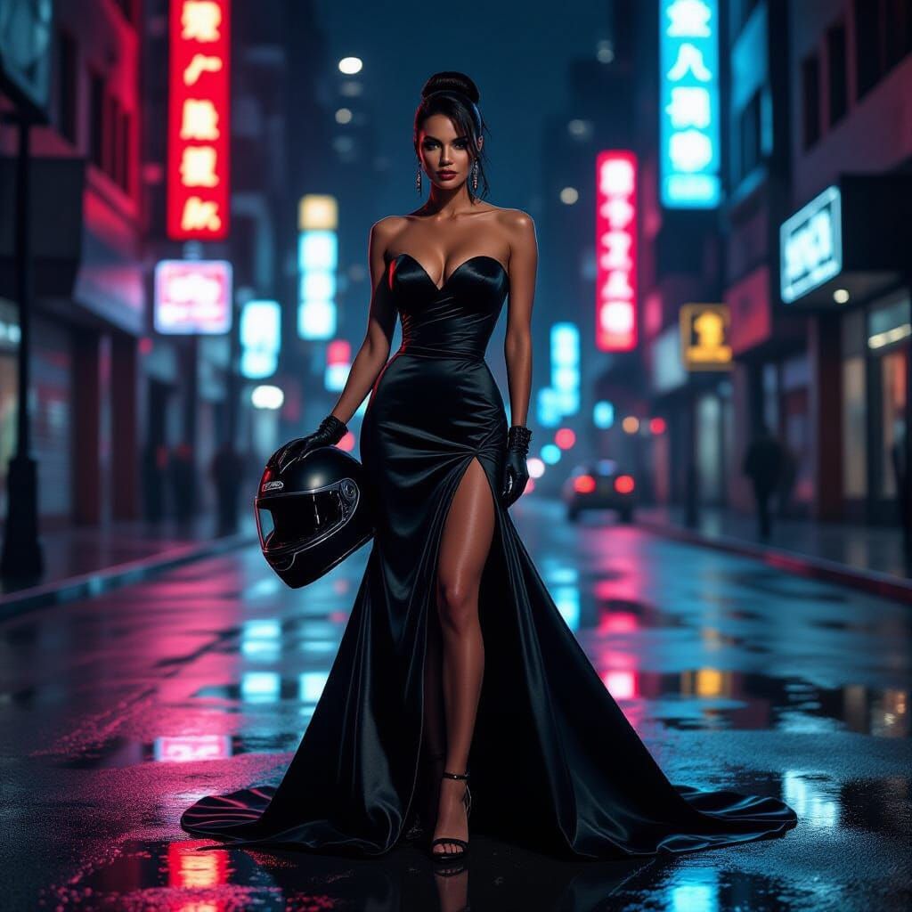Futuristic Fashion Model with Motorcycle Helmet at Night