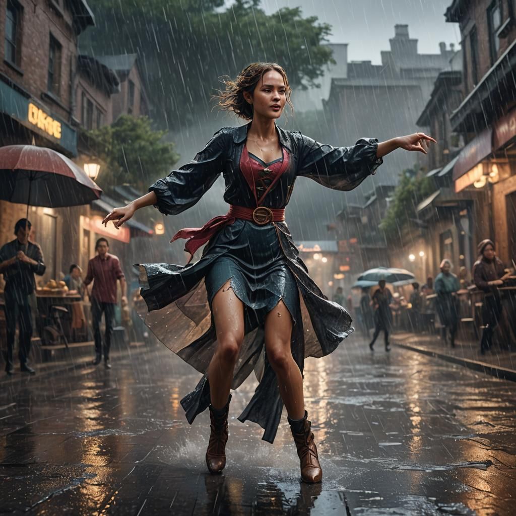 Woman Dancing in Rain: Detailed Fantasy Art