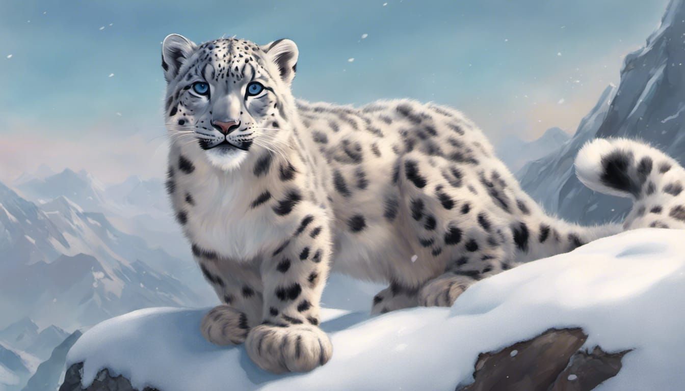 Chibi Snow Leopard Portrait on Snowy Peak